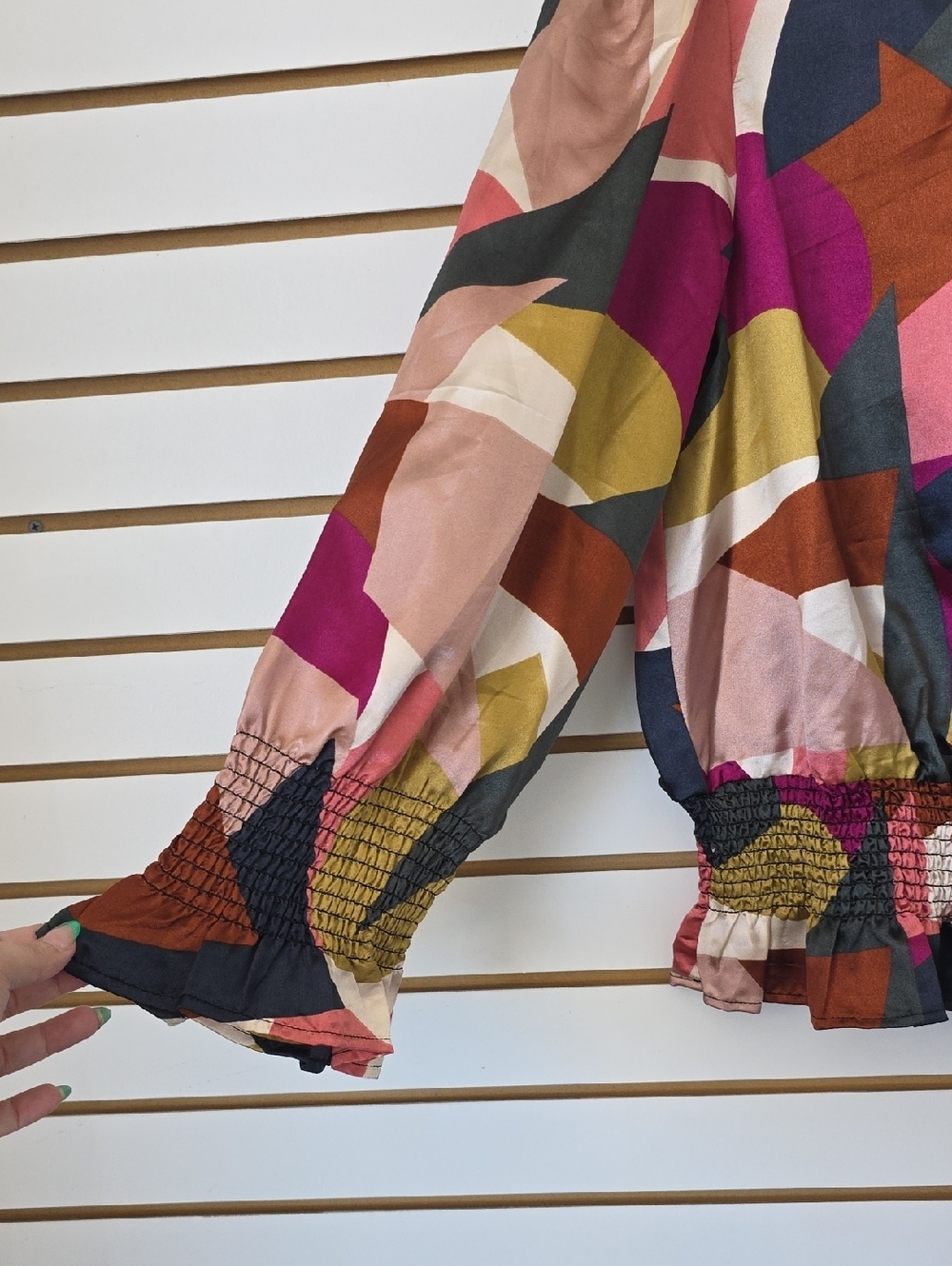 Geometric Smocked Long Sleeve Blouse - Picture 2 of 5